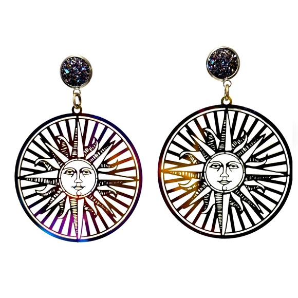 Sun Face Holographic Oil Slick Dangle Earrings - Picture 1 of 3